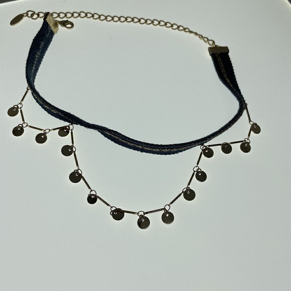 ETTIKA Womens Revolve Denim & Gold Disc Chain Choker NEW Draped Fashion